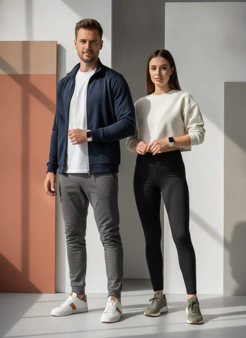 Clean sporty-casual style, confident modern mood, bright natural