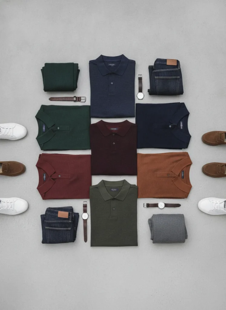 stylish mens fashion flat lay featuring premium polo