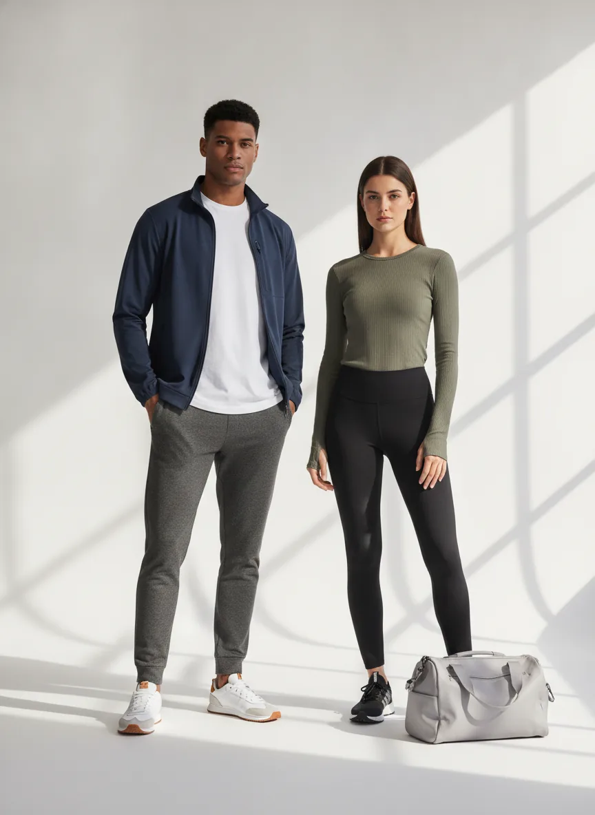 Clean sporty-casual style, confident modern mood, bright natural