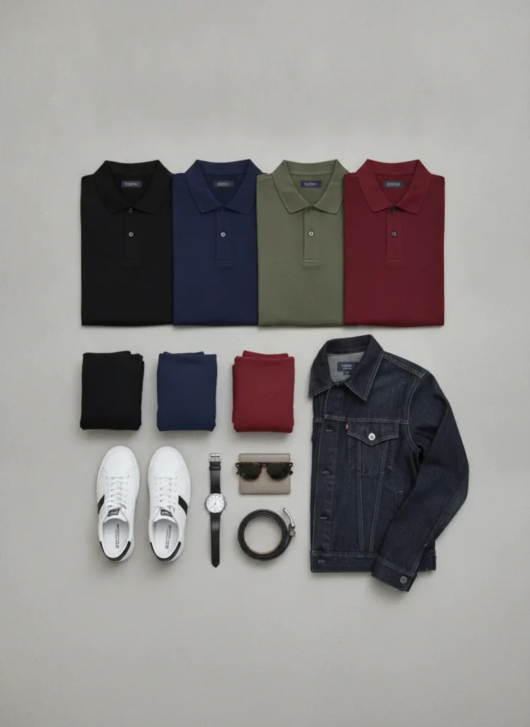 Stylish menswear flat lay featuring premium polo shirts